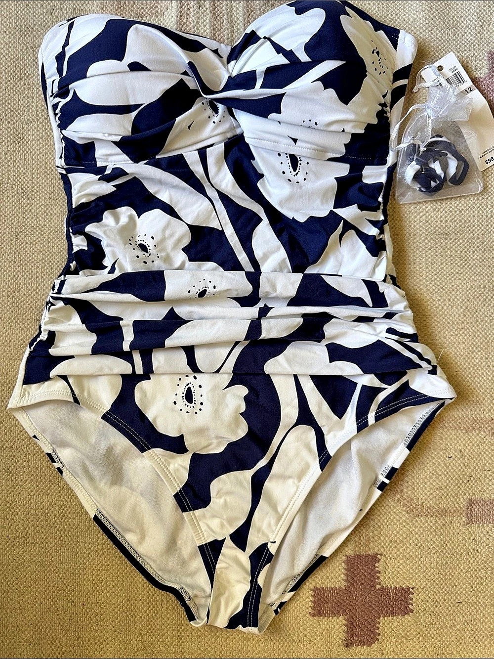 Anne Klein Modern Bandeau One Piece Swimsuit Blue & white  flower design  New wi